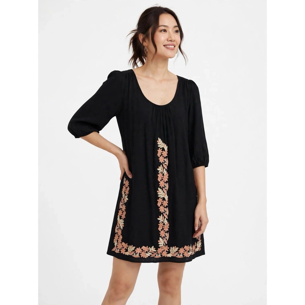 Theme Black Embroidered Boho Tunic Dress Small Floral Peasant Festival Retro